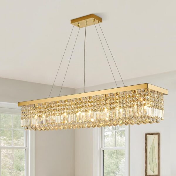 10-Light Modern Crystal Chandelier Gold Rectangular Crystal Raindrop Chandelier Luxury Large Rectangle Flush Mount Pendant Ceiling Light for Dining Room Kitchen Island Bar L47'' x W10'' x H10''