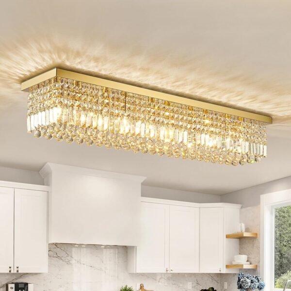 Modern Crystal Chandelier 10-Lights Gold Rectangular Raindrop Chandelier Luxury Large Rectangle Flush Mount Ceiling Light Fixture for Dining Living Room Kitchen Island L47'' x W10'' x H10''